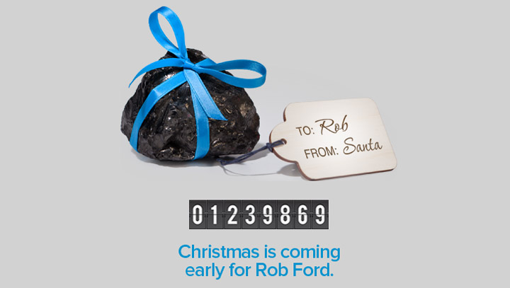 Toronto Mayor Rob Ford will be presented with a pile of black coal at city hall on Dec. 20, 2013.