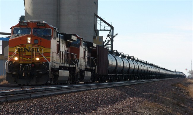 A BNSF Railway train hauls crude oil west of Wolf Point, Mont. 