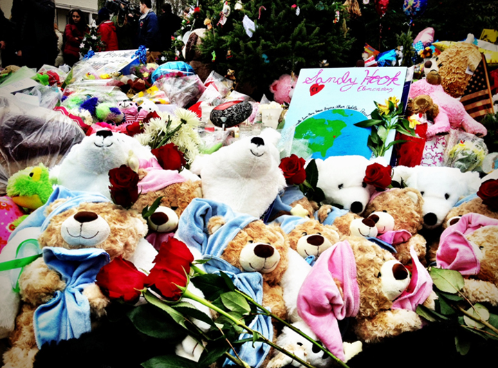 Teddy bears left for victims of the Sandy Hook Elementary shooting in Newtown, CT December 15, 2012.