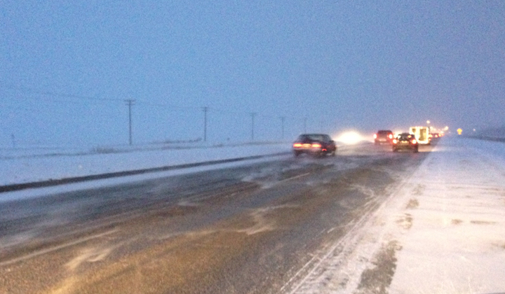 Highways across southern Manitoba, including the Perimeter Highway, are slippery Monday morning.