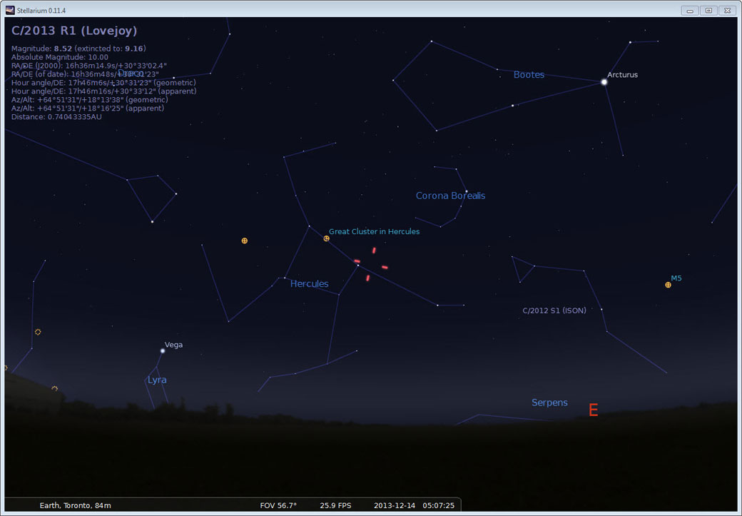 Where to find Comet Lovejoy around 5 a.m. from a latitude of 43 degrees. (Stellarium)
