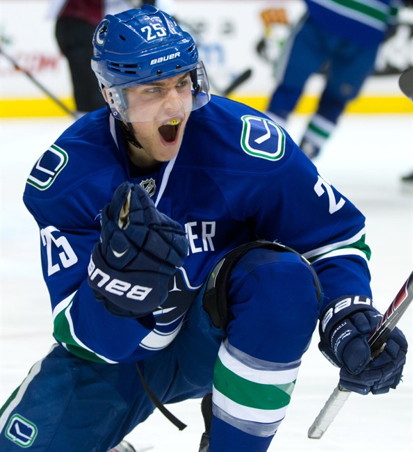 Vancouver Canucks' Mike Santorelli celebrates after scoring a goal against the Colorado Avalanche on Sunday December 8, 2013. 