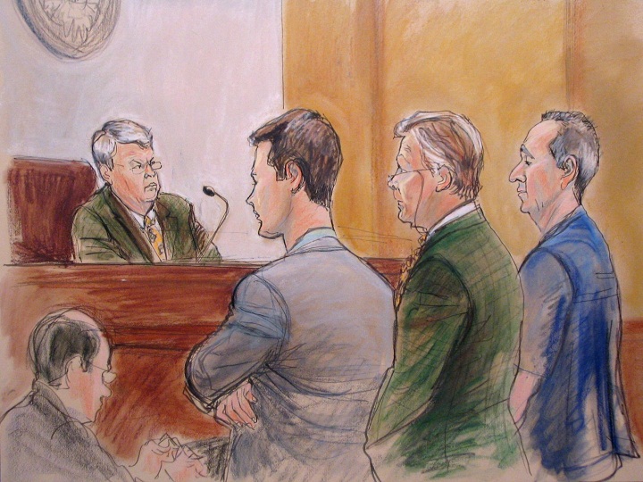 In this courtroom sketch, Vito Rizzuto, right, dubbed as a former godfather of the Montreal Mafia, stands before Judge Nicolas Garaufis with Assistant U.S. Attorney Greg Andres, standing left, and defense attorney John W. Mitchell, center, Friday, May 4, 2007.