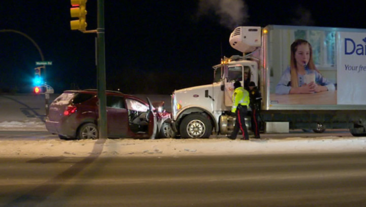 Traffic delayed during rush hour after crash between semi and mini-van in Saskatoon sends man to hospital.