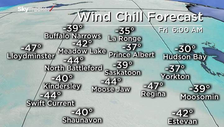 Expected wind chill values for Saskatchewan on Dec. 6.