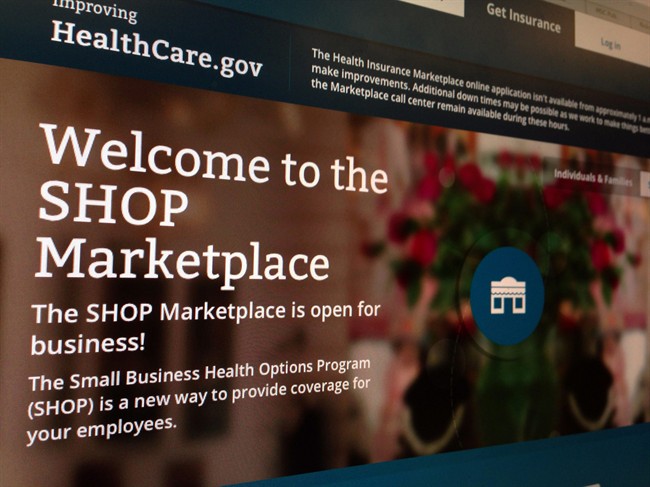 This Nov. 27, 2013 file photo of part of the HealthCare.gov website page featuring information about the SHOP Marketplace is photographed in Washington.