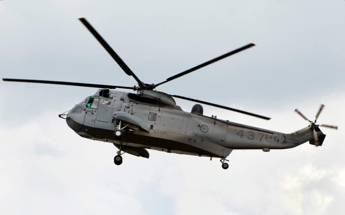 A CH-124 Sea King military helicopter, belonging to the Royal Canadian Navy, lands at Calgary, Alberta on June 3, 2013.