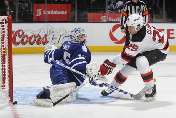 owe #29 of the New Jersey Devils is stopped in the shoot-out during NHL game action January 12, 2014 at the Air Canada Centre in Toronto, Ontario, Canada.