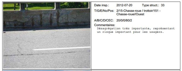 A Transports Quebec inspection report from July 2012 for the Hymus/Henri-Bourassa eastbound overpass along the Trans-Canada Highway 40 has flagged many causes for concern.