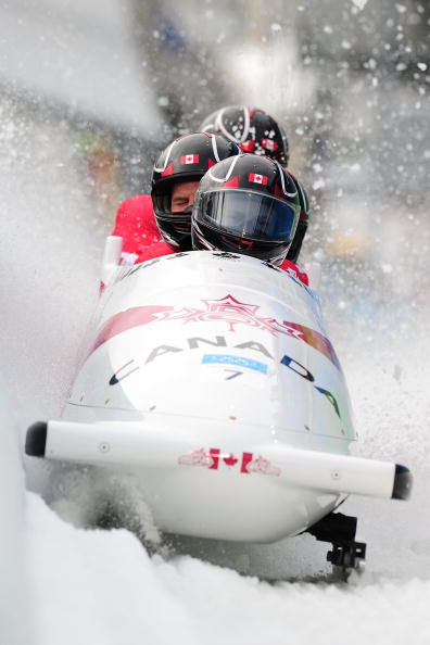 Canada 1 completes heat 4 to win the bronze medal  during the men's four man bobsleigh on day 16 of the 2010 Vancouver Winter Olympics at the Whistler Sliding Centre on February 27, 2010 in Whistler, Canada.  