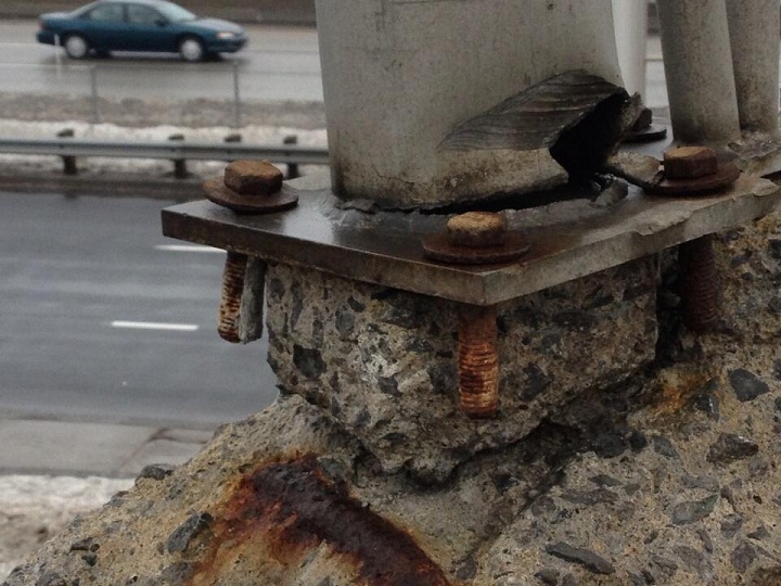 The concrete has completely eroded on Henri-Bourassa overpass in Montreal, with the bolts screwed to nothing.