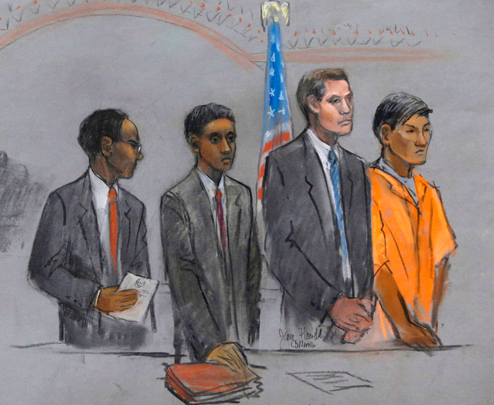 In this courtroom sketch, defendants Robel Phillipos, second from left, and Dias Kadyrbayev, right, college friends of Boston Marathon bombing suspect Dzhokhar Tsarnaev, stand for arraignment with their attorneys, Derege Denissie, left, and Robert Stahl, Friday, Sept. 13, 2013 at the Moakley Federal Courthouse in Boston.