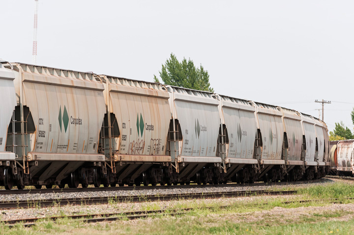 Canpotex rail cars carrying potash for export, CP Rail tracks, Gull Lake, Saskatchewan, August 23, 2013.
