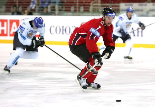 Jeff Carter #7 of Canada charged towards the net en route to scoring a short-handed goal in the second period of the IIHF World Championship qualifying game between Canada and Finland at Riga Arena on May 15, 2006 in Riga, Latvia.