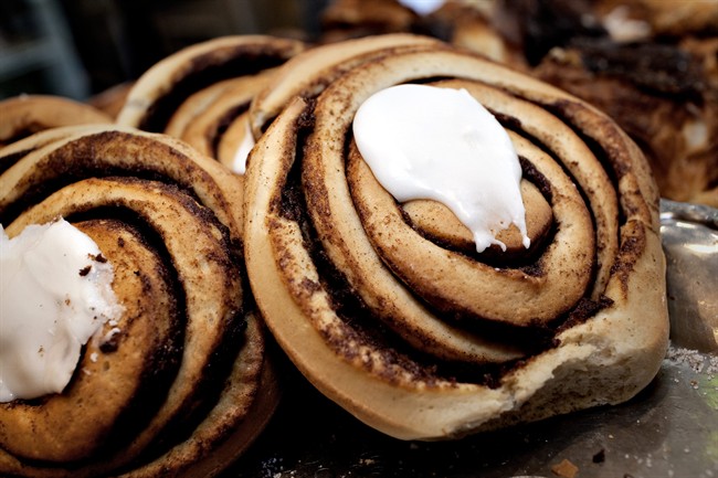 In this Aug. 4, 2010 file photo, cinnamon rolls are displayed at a bakery in Copenhagen, Denmark. 