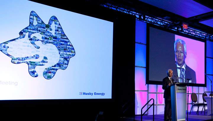 Husky Energy CEO Asim Ghosh addresses the company's annual meeting in Calgary, Tuesday, May 7, 2013. The company announced on Wednesday it has approved two new heavy oil projects in western Saskatchewan.