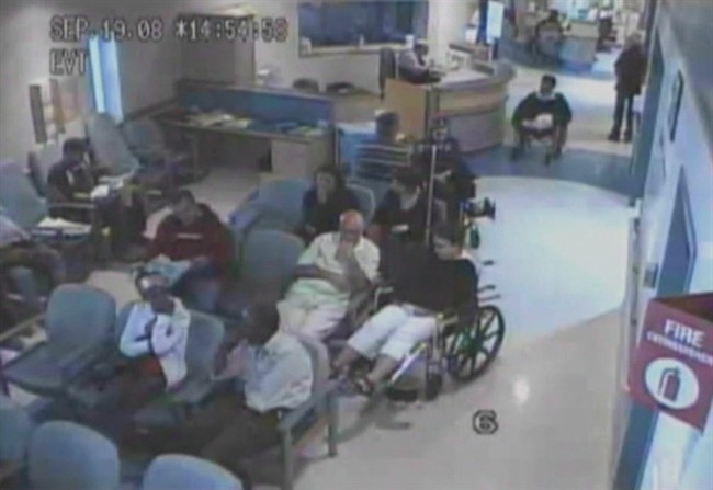 Brian Sinclair (top right in wheelchair) is shown in a screengrab from surveillance footage of his time at the Winnipeg Health Sciences Centre in September 2008.