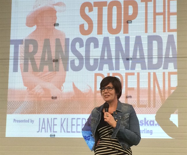 Jane Kleeb, an activist leading the anti-Keystone pipeline fight in Nebraska, speaks at a landowners' meeting in York, Nebraska, on Saturday, Jan. 18, 2014.