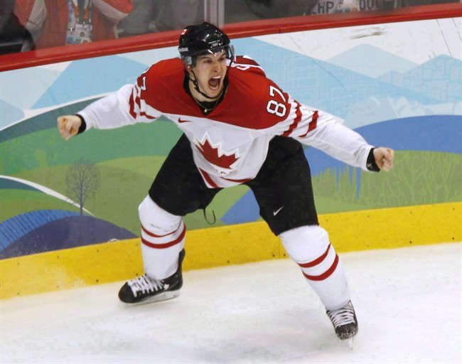 Canada's Sidney Crosby celebrates his game-winning goal against the United States at the 2010 Winter Olympic Games in Vancouver on Feb. 28, 2010. 
