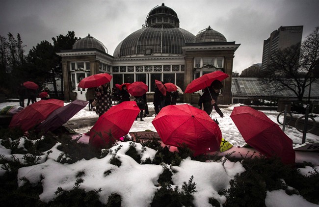 Red umbrellas, that are used as a symbol for sex workers rights, are seen in front of a rally at Allan Gardens park to support Toronto sex workers and their rights in Toronto, Friday December 20, 2013. 