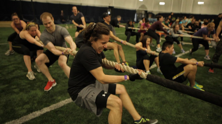 Exercises work up a sweat during a military-style fitness class.