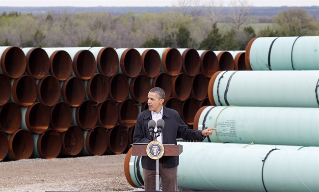 In this March 22, 2012 photo, President Barack Obama speaks at the TransCanada Pipe Yard in Cushing, Okla. 