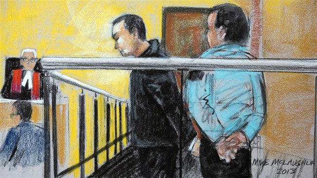A court artist sketch shows Guy Turcotte during his appearance at the courthouse, November 14, 2013 in St. Jerome, Que.