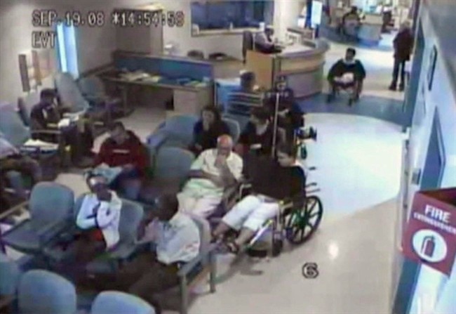 Brian Sinclair (top right in wheelchair) is shown in a screengrab from surveillance footage of his time at the Winnipeg Health Sciences Centre in September, 2008.