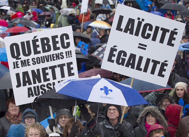 Supporters in favour of Quebec's proposed charter of values gather in Montreal, October 26, 2013.