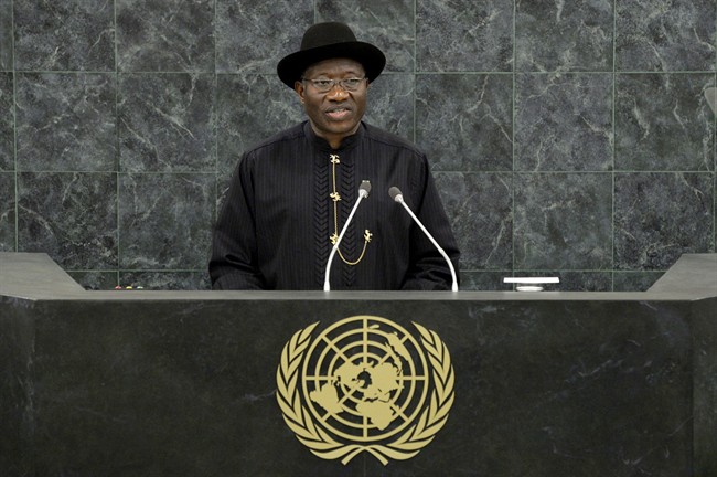Nigerian President Goodluck Jonathan speaks at the United Nations Sept. 24, 2013 at U.N. headquarters. Human rights activists say a mob beat 14 men Saturday, saying they were gay.