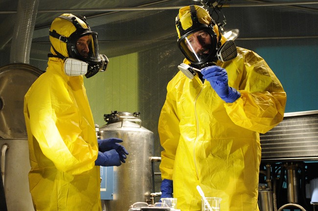 Jesse Pinkman and Walter White cook meth in a scene of "Breaking Bad.".