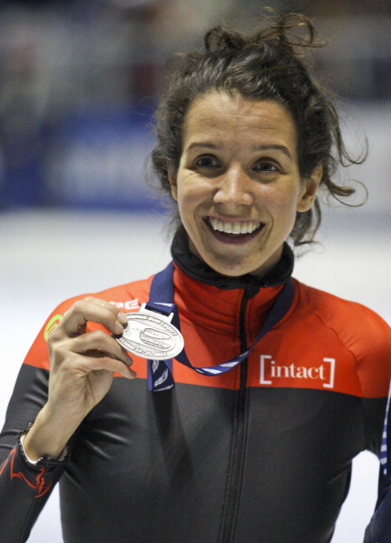 Marie-Eve Drolet of Canada with her silver medal in the women's 1000 meters at the Samsung ISU short track speed skating World Cup on October 21, 2012 at the Olympic Oval in Calgary.
