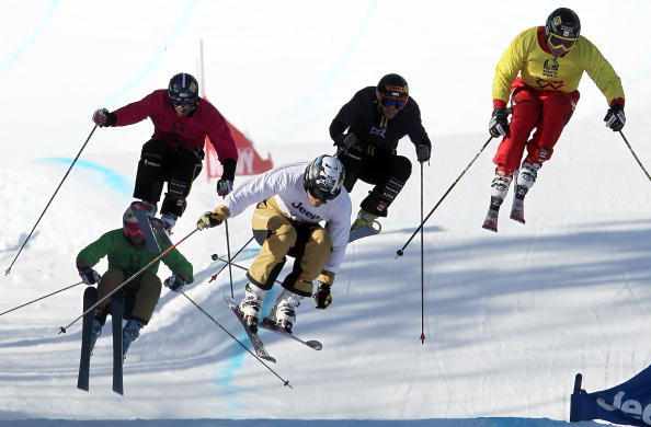 Dave Duncan (yellow) of Canada leads his heat in Men's Skier X at Winter X Games 14 at Buttermilk Mountain on January 31, 2010 in Aspen, Colorado.