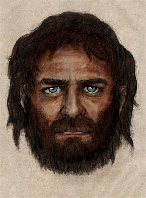 An illustration depicting how a hunter-gatherer who lived in Europe some 7,000 years ago had blue eyes and dark skin.