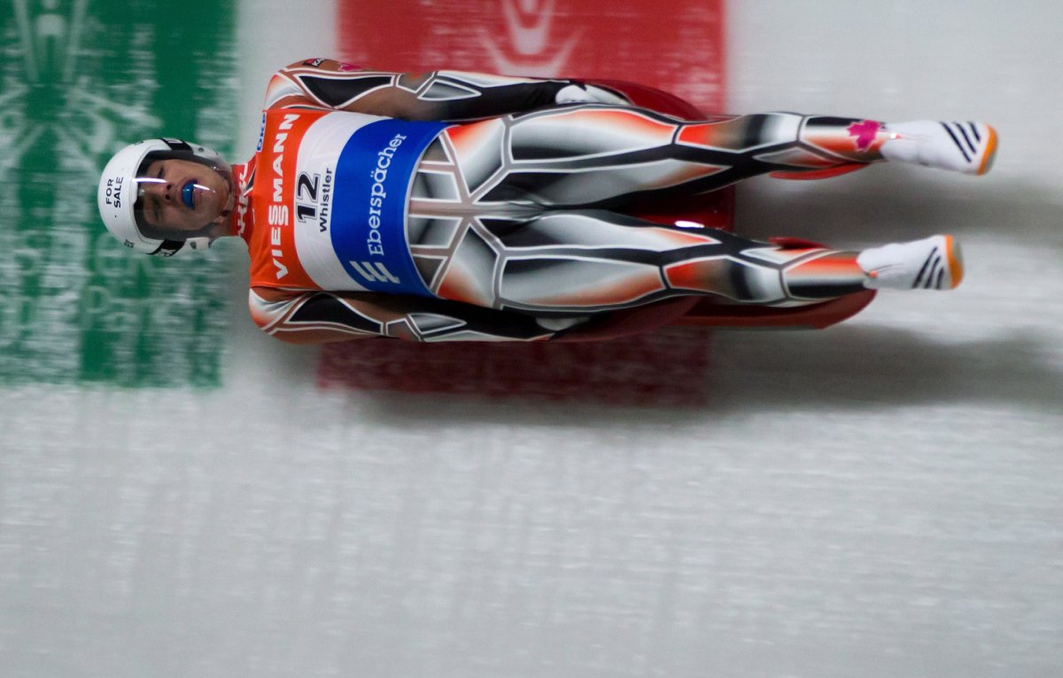 John Fennell, of Calgary, Alta., races to a 24th place finish during a Luge World Cup men's event in Whistler, B.C., on Friday December 6, 2013.