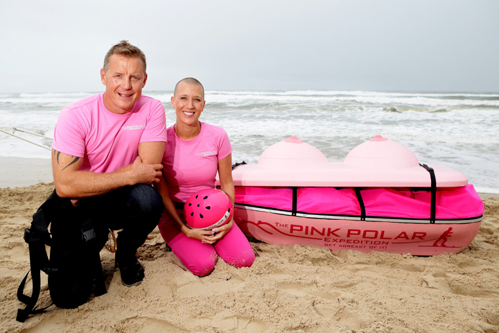 Geoff Wilson poses with cancer survivor and close friend Kate Carlyle as he begins to train for his ‘boob sled’ trek across the Antarctic in this FILE photo taken in February 2013. (Photo credit: AP Photo/File)