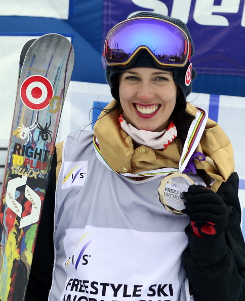 Canadian skier Rosalind Groenewoud poses with her silver medal on the podium of the Ladies' Half Pipe World Cup Overall standing at the Snowboard and FreeStyle World Cup Super finals at Sierra Nevada ski resort near Granada on March 25, 2013.