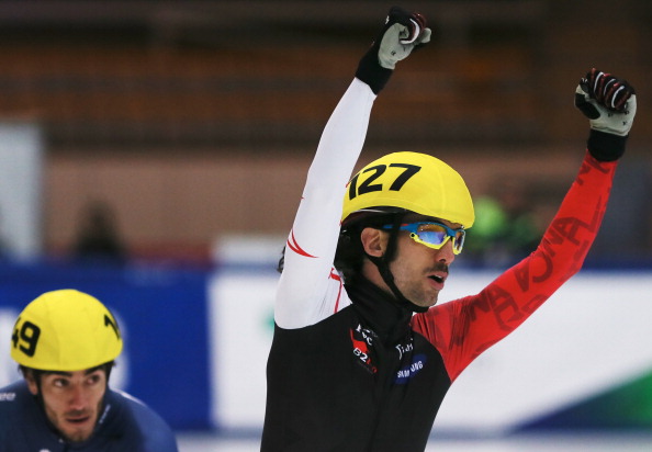 Charles Hamelin of Canada celebrates after winning the Men's 1000m final during day four of the Samsung ISU Short Track World Cup on November 17, 2013 in Kolomna, Russia.