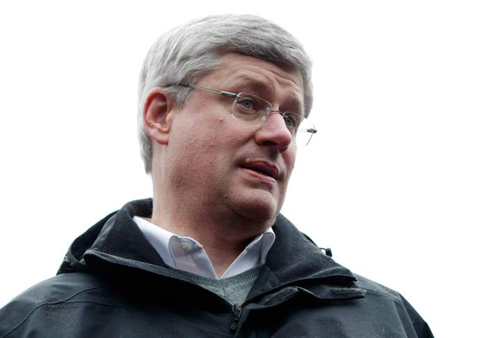 Prime Minister Stephen Harper speaks to media on the Historic Kinsol Trestle a wooden railway north of Shawnigan Lake during his Western tour Shawnigan Lake, B.C., Tuesday, January 7, 2014. 