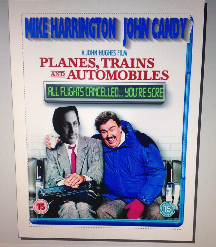 Twitter user Ian Gollert tweeted this image at Mike Harrington during his epic journey to Winnipeg for a Jets-Sabres hockey game. Harrington's face replaces Steve Martin on a poster for the movie Planes, Trains and Automobiles, starring John Candy.