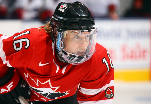 Jayna Hefford #16 of Team Canada waits for a face-off against Team USA during a Sochi preparation game at the Air Canada Centre December 30, 2013 in Toronto.