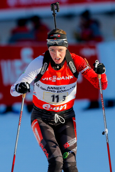 Megan Heinicke of Canada competes during the IBU Biathlon World Cup Women's Relay on December 12, 2013 in Annecy-Le Grand Bornand, France.