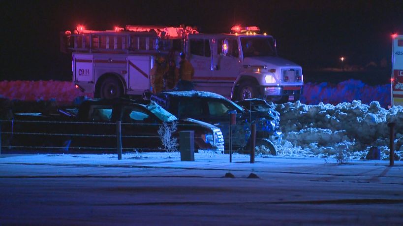 Police investigate scene north of Edmonton after one person dies in two vehicle collision, Friday, January 10, 2014. 