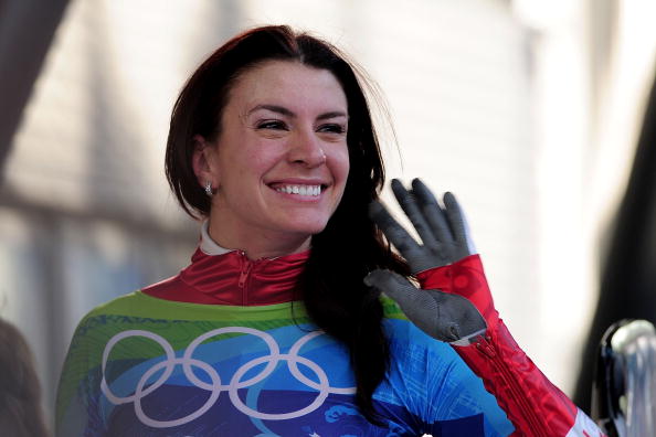 Mellisa Hollingsworth of Canada smiles after she completed her run in the women's skeleton third heat on day 8 of the 2010 Vancouver Winter Olympics at the Whistler Sliding Centre on February 19, 2010 in Whistler.