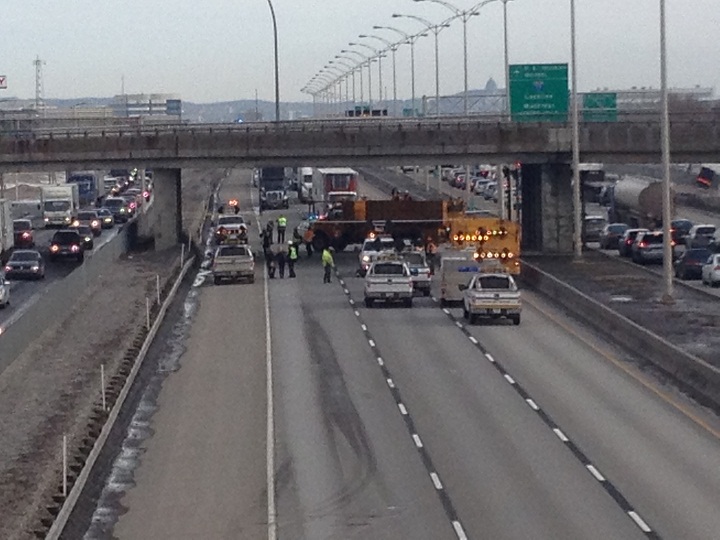 A section of the Trans-Canada Highway 40 West has been completely closed at Hymus Boulevard due to falling debris on January 13, 2014.
