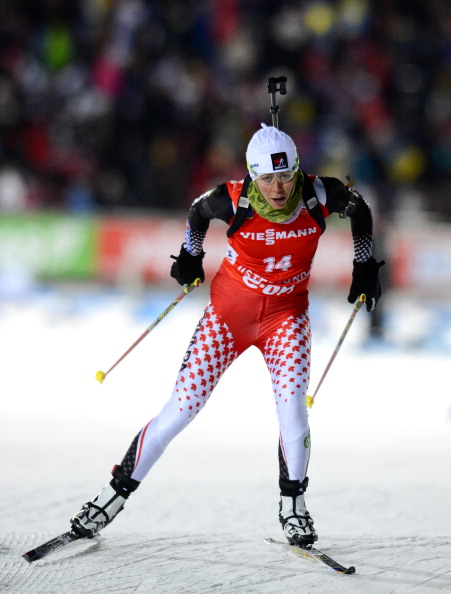 Canada's Megan Imrie competes during the Women 7.5km Sprint race of the Biathlon World Cup in Ostersund on December 1, 2012. 