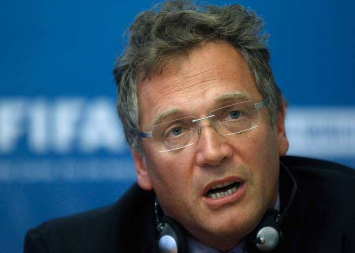 FILE - In this Tuesday, Oct. 11, 2011 file photo, FIFA General Secretary Jerome Valcke speaks during a news conference on Russia's preparations for the 2018 FIFA World Cup in Moscow, Russia. Valcke says the 2022 World Cup in Qatar will not be held in June or July because of the Gulf country's summer heat. 