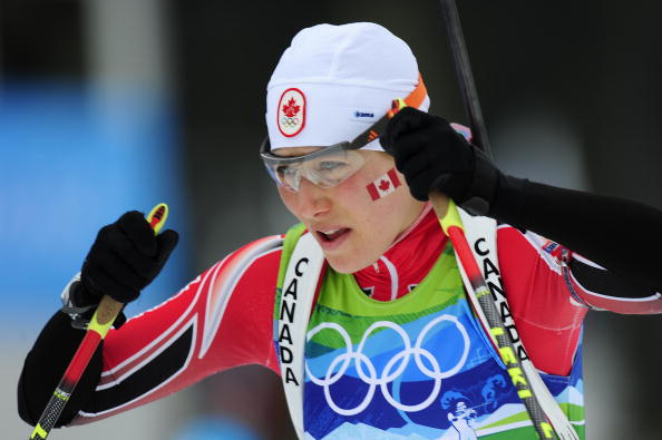 Canada's Zina Kocher competes in the women's Biathlon 4x6 km relay at the Whistler Olympic Park during the Vancouver Winter Olympics on February 23, 2010.   