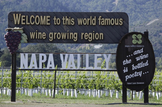 This Oct. 27, 2011, file photo shows a sign along Highway 29 welcoming visitors to the Napa Valley in Oakville, Calif. 