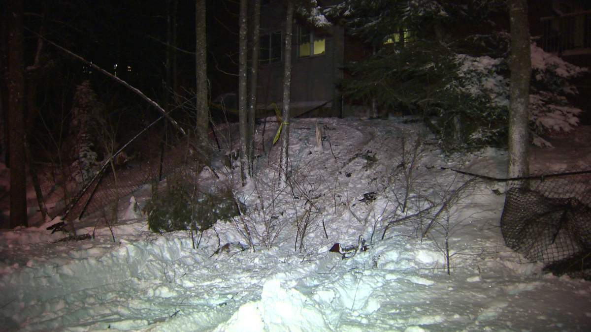 A vehicle leaves wreckage in its wake after jumping the curb on Halifax's Parkland Drive.